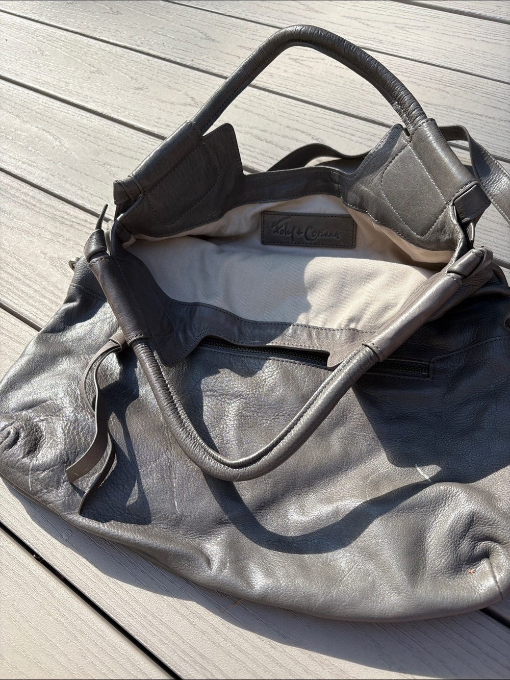 Foley and Corinna Gray Leather Messenger Bag with Top Handles